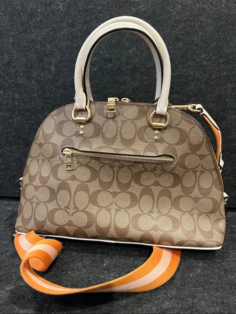 Coach Brown Signature Katy Dome Satchel with Orange Striped Strap